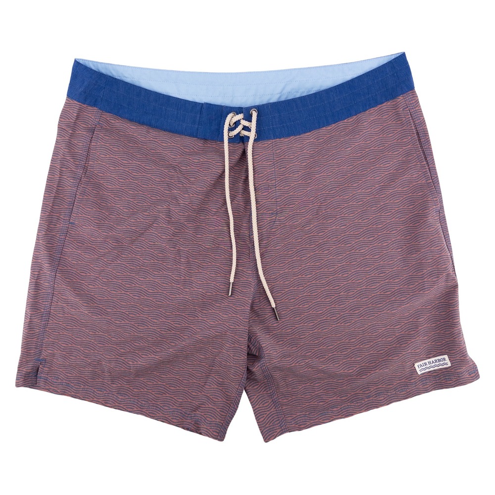 Fair Harbor Mens 38 Board Shorts Red Blue Wave Pattern Stretch Swim Trunk Summer